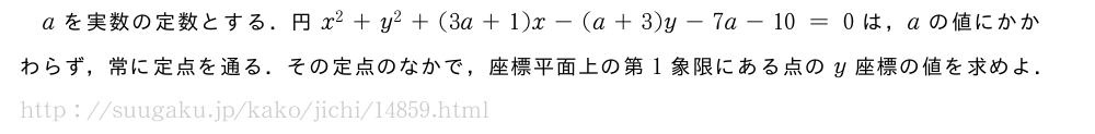 aを実数の定数とする．円x^2+y^2+(3a+1)x-(a+3)y-7a-10=0は，aの値にかかわらず，常に定点を通る．その定点のなかで，座標平面上の第1象限にある点のy座標の値を求めよ．