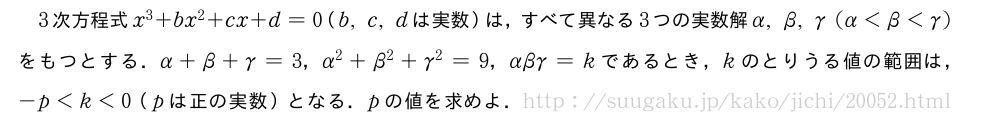3次方程式x^3+bx^2+cx+d=0（b,c,dは実数）は，すべて異なる3つの実数解α,β,γ(α＜β＜γ)をもつとする．α+β+γ=3，α^2+β^2+γ^2=9，αβγ=kであるとき，kのとりうる値の範囲は，-p＜k＜0（pは正の実数）となる．pの値を求めよ．