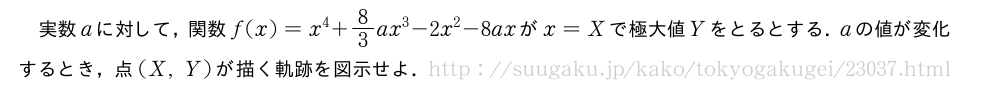実数aに対して，関数f(x)=x^4+8/3ax^3-2x^2-8axがx=Xで極大値Yをとるとする．aの値が変化するとき，点(X,Y)が描く軌跡を図示せよ．