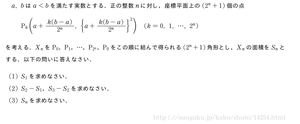 a,bはa＜bを満たす実数とする．正の整数nに対し，座標平面上の(2^n+1)個の点P_k(a+\frac{k(b-a)}{2^n},{a+\frac{k(b-a)}{2^n}}^2)(k=0,1,・・・,2^n)を考える．X_nをP_0，P_1，・・・，P_{2^n}，P_0をこの順に結んで得られる(2^n+1)角形とし，X_nの面積をS_nとする．以下の問いに答えなさい．(1)S_1を求めなさい．(2)S_2-S_1，S_3-S_2を求めなさい．(3)S_nを求めなさい．