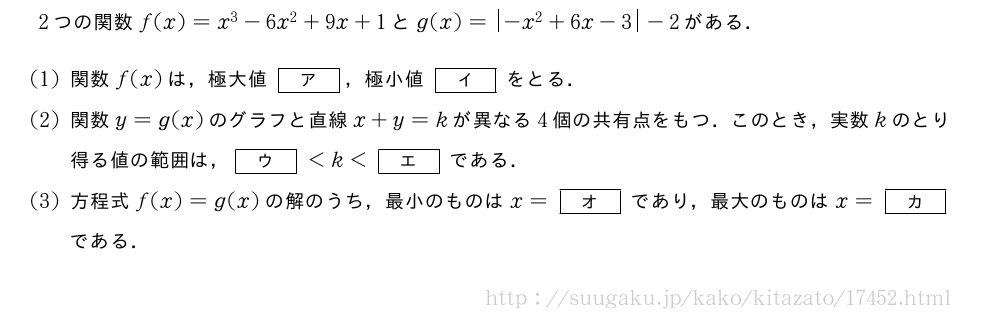 2つの関数f(x)=x^3-6x^2+9x+1とg(x)=|-x^2+6x-3|-2がある．(1)関数f(x)は，極大値[ア]，極小値[イ]をとる．(2)関数y=g(x)のグラフと直線x+y=kが異なる4個の共有点をもつ．このとき，実数kのとり得る値の範囲は，[ウ]＜k＜[エ]である．(3)方程式f(x)=g(x)の解のうち，最小のものはx=[オ]であり，最大のものはx=[カ]である．