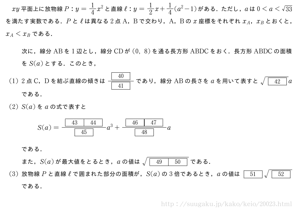 xy平面上に放物線P:y=1/4x^2と直線ℓ:y=1/2x+1/4(a^2-1)がある．ただし，aは0＜a＜\sqrt{33}を満たす実数である．Pとℓは異なる2点A，Bで交わり，A，Bのx座標をそれぞれx_A，x_Bとおくと，x_A＜x_Bである．次に，線分ABを1辺とし，線分CDが(0,8)を通る長方形ABDCをおく．長方形ABDCの面積をS(a)とする．このとき，(1)2点C，Dを結ぶ直線の傾きは\frac{[40]}{[41]}であり，線分ABの長さをaを用いて表すと\sqrt{[42]}aである．(2)S(a)をaの式で表すとS(a)=\frac{[43][44]}{[45]}a^3+\frac{[46][47]}{[48]}aである．また，S(a)が最大値をとるとき，aの値は\sqrt{[49][50]}である．(3)放物線Pと直線ℓで囲まれた部分の面積が，S(a)の3倍であるとき，aの値は[51]\sqrt{[52]}である．