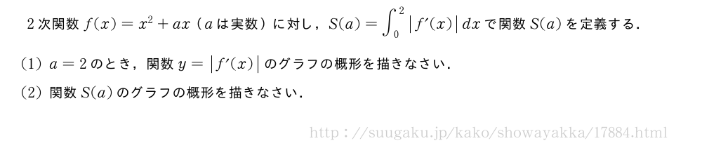 2次関数f(x)=x^2+ax（aは実数）に対し，S(a)=∫_0^2|f´(x)|dxで関数S(a)を定義する．(1)a=2のとき，関数y=|f´(x)|のグラフの概形を描きなさい．(2)関数S(a)のグラフの概形を描きなさい．