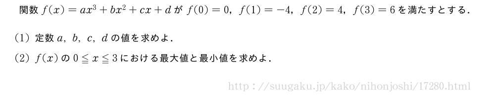 関数f(x)=ax^3+bx^2+cx+dがf(0)=0，f(1)=-4，f(2)=4，f(3)=6を満たすとする．(1)定数a,b,c,dの値を求めよ．(2)f(x)の0≦x≦3における最大値と最小値を求めよ．