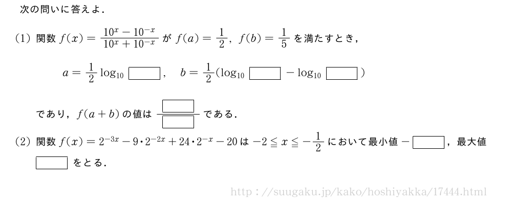 次の問いに答えよ．(1)関数f(x)=\frac{10^x-10^{-x}}{10^x+10^{-x}}がf(a)=1/2,f(b)=1/5を満たすとき，a=1/2log_{10}[],b=1/2(log_{10}[]-log_{10}[])であり，f(a+b)の値は\frac{[]}{[]}である．(2)関数f(x)=2^{-3x}-9・2^{-2x}+24・2^{-x}-20は-2≦x≦-1/2において最小値-[]，最大値[]をとる．