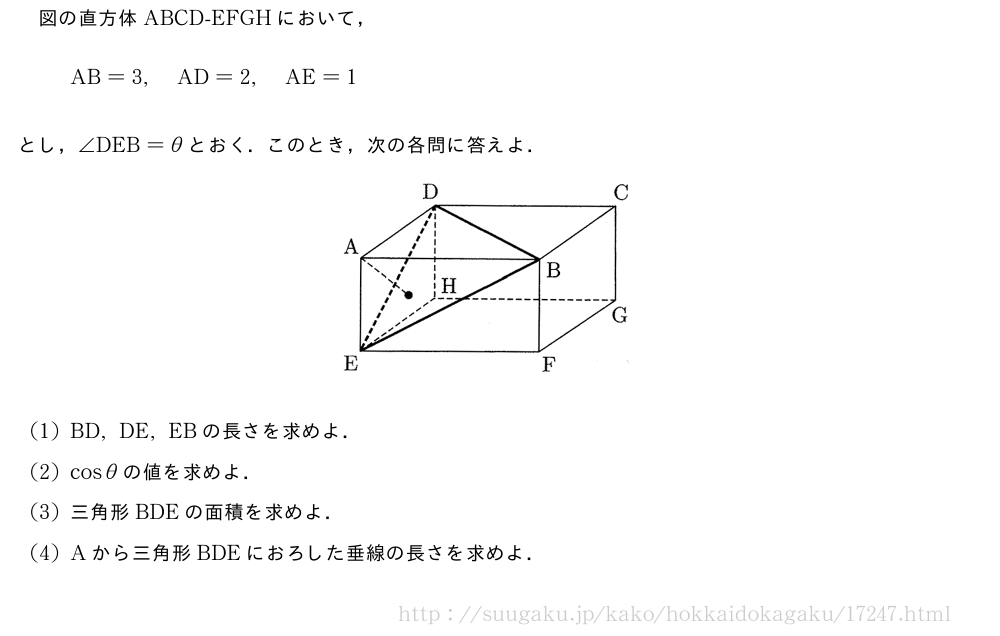 図の直方体ABCD-EFGHにおいて，AB=3,AD=2,AE=1とし，∠DEB=θとおく．このとき，次の各問に答えよ．（プレビューでは図は省略します）(1)BD,DE,EBの長さを求めよ．(2)cosθの値を求めよ．(3)三角形BDEの面積を求めよ．(4)Aから三角形BDEにおろした垂線の長さを求めよ．