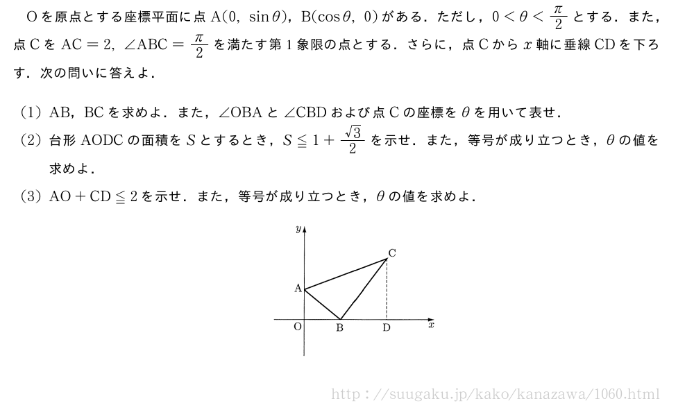 Oを原点とする座標平面に点A(0,sinθ)，B(cosθ,0)がある．ただし，0＜θ＜π/2とする．また，点CをAC=2,∠ABC=π/2を満たす第1象限の点とする．さらに，点Cからx軸に垂線CDを下ろす．次の問いに答えよ．(1)AB，BCを求めよ．また，∠OBAと∠CBDおよび点Cの座標をθを用いて表せ．(2)台形AODCの面積をSとするとき，S≦1+\frac{√3}{2}を示せ．また，等号が成り立つとき，θの値を求めよ．(3)AO+CD≦2を示せ．また，等号が成り立つとき，θの値を求めよ．（プレビューでは図は省略します）