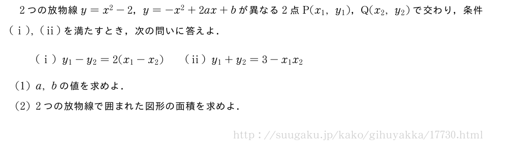 2つの放物線y=x^2-2，y=-x^2+2ax+bが異なる2点P(x_1,y_1)，Q(x_2,y_2)で交わり，条件(i),(ii)を満たすとき，次の問いに答えよ．(i)y_1-y_2=2(x_1-x_2)\qquad(ii)y_1+y_2=3-x_1x_2(1)a,bの値を求めよ．(2)2つの放物線で囲まれた図形の面積を求めよ．
