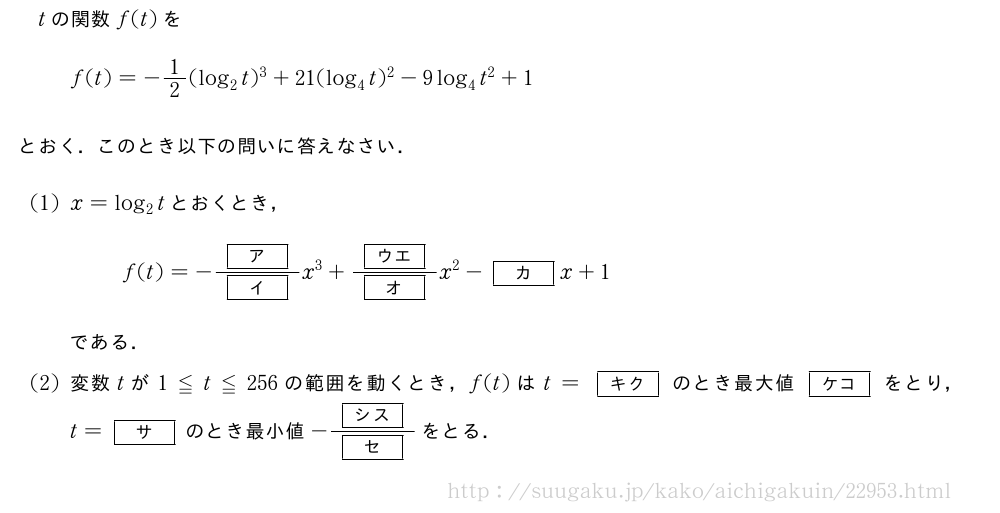 tの関数f(t)をf(t)=-1/2(log_2t)^3+21(log_4t)^2-9log_4t^2+1とおく．このとき以下の問いに答えなさい．(1)x=log_2tとおくとき，f(t)=-\frac{[ア]}{[イ]}x^3+\frac{[ウエ]}{[オ]}x^2-[カ]x+1である．(2)変数tが1≦t≦256の範囲を動くとき，f(t)はt=[キク]のとき最大値[ケコ]をとり，t=[サ]のとき最小値-\frac{[シス]}{[セ]}をとる．