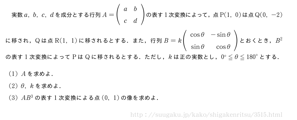 実数a,b,c,dを成分とする行列A=(\begin{array}{cc}a&b\\c&d\end{array})の表す1次変換によって，点P(1,0)は点Q(0,-2)に移され，Qは点R(1,1)に移されるとする．また，行列B=k(\begin{array}{rr}cosθ&-sinθ\\sinθ&cosθ\end{array})とおくとき，B^2の表す1次変換によってPはQに移されるとする．ただし，kは正の実数とし，0°≦θ≦{180}°とする．(1)Aを求めよ．(2)θ,kを求めよ．(3)AB^3の表す1次変換による点(0,1)の像を求めよ．