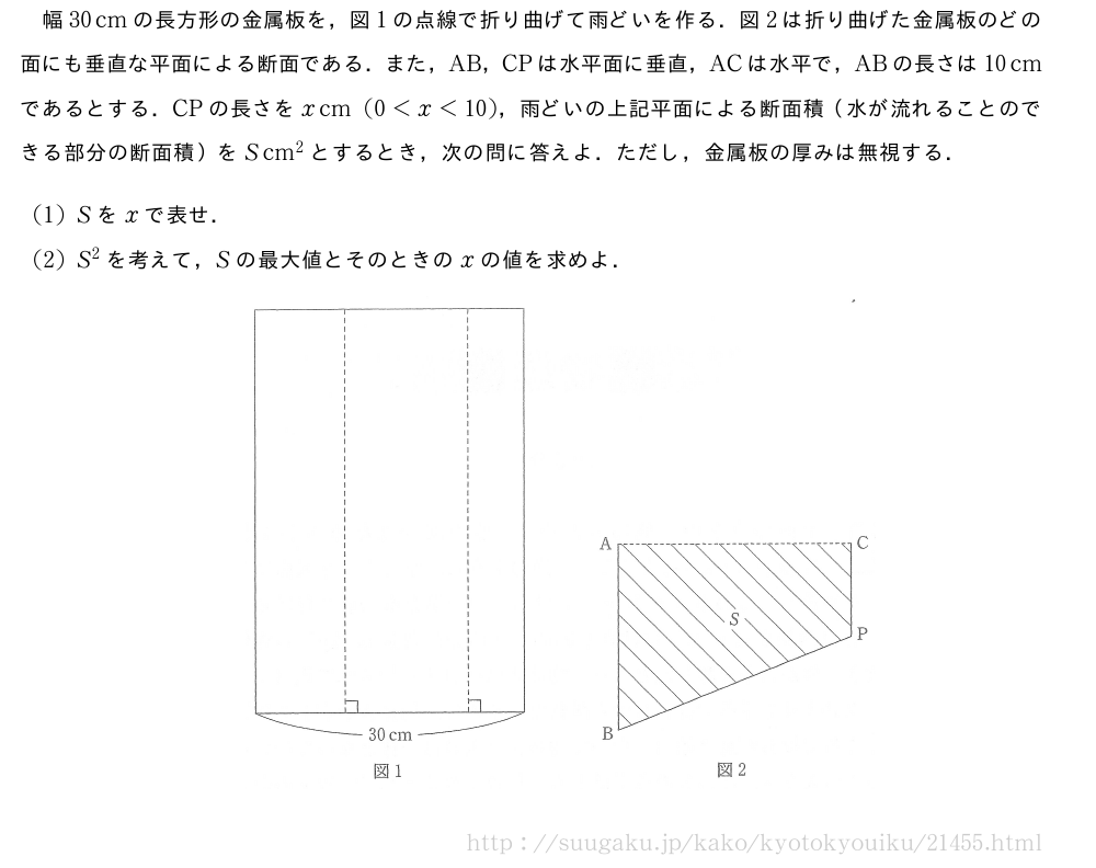 幅30cmの長方形の金属板を，図1の点線で折り曲げて雨どいを作る．図2は折り曲げた金属板のどの面にも垂直な平面による断面である．また，AB，CPは水平面に垂直，ACは水平で，ABの長さは10cmであるとする．CPの長さをxcm(0＜x＜10)，雨どいの上記平面による断面積（水が流れることのできる部分の断面積）をScm^2とするとき，次の問に答えよ．ただし，金属板の厚みは無視する．(1)Sをxで表せ．(2)S^2を考えて，Sの最大値とそのときのxの値を求めよ．（プレビューでは図は省略します）