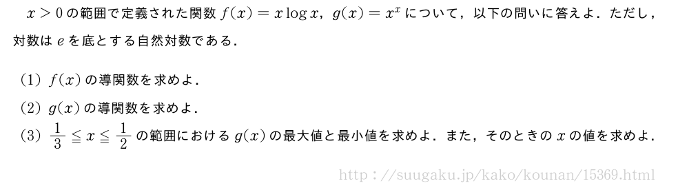 x＞0の範囲で定義された関数f(x)=xlogx，g(x)=x^xについて，以下の問いに答えよ．ただし，対数はeを底とする自然対数である．(1)f(x)の導関数を求めよ．(2)g(x)の導関数を求めよ．(3)1/3≦x≦1/2の範囲におけるg(x)の最大値と最小値を求めよ．また，そのときのxの値を求めよ．