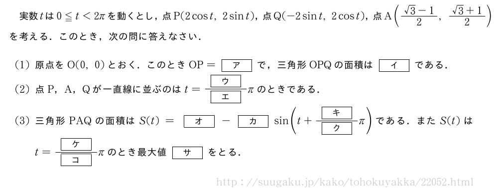 実数tは0≦t＜2πを動くとし，点P(2cost,2sint)，点Q(-2sint,2cost)，点A(\frac{√3-1}{2},\frac{√3+1}{2})を考える．このとき，次の問に答えなさい．(1)原点をO(0,0)とおく．このときOP=[ア]で，三角形OPQの面積は[イ]である．(2)点P，A，Qが一直線に並ぶのはt=\frac{[ウ]}{[エ]}πのときである．(3)三角形PAQの面積はS(t)=[オ]-[カ]sin(t+\frac{[キ]}{[ク]}π)である．またS(t)はt=\frac{[ケ]}{[コ]}πのとき最大値[サ]をとる．