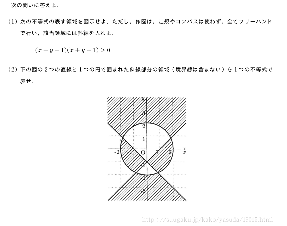 次の問いに答えよ．(1)次の不等式の表す領域を図示せよ．ただし，作図は，定規やコンパスは使わず，全てフリーハンドで行い，該当領域には斜線を入れよ．(x-y-1)(x+y+1)＞0(2)下の図の2つの直線と1つの円で囲まれた斜線部分の領域（境界線は含まない）を1つの不等式で表せ．（プレビューでは図は省略します）