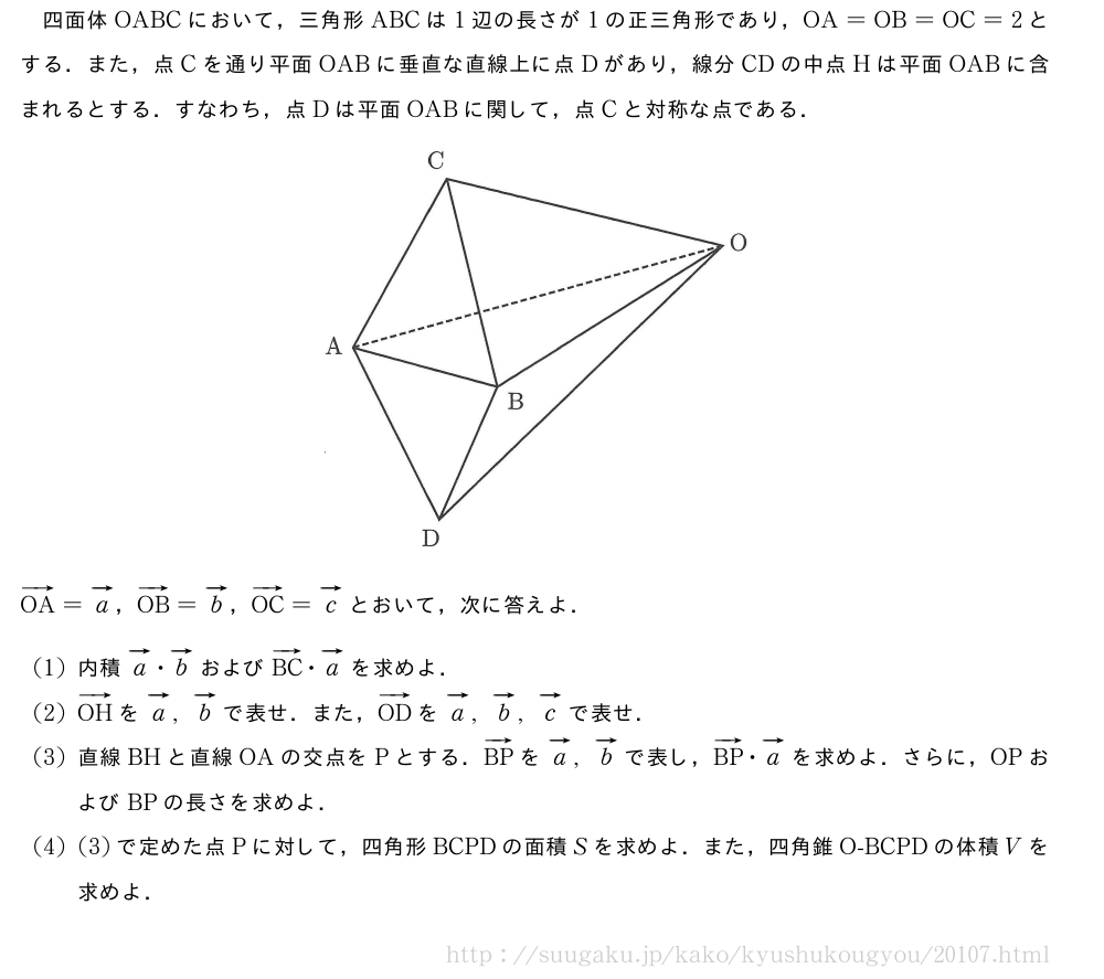 四面体OABCにおいて，三角形ABCは1辺の長さが1の正三角形であり，OA=OB=OC=2とする．また，点Cを通り平面OABに垂直な直線上に点Dがあり，線分CDの中点Hは平面OABに含まれるとする．すなわち，点Dは平面OABに関して，点Cと対称な点である．（プレビューでは図は省略します）ベクトルOA=ベクトルa，ベクトルOB=ベクトルb，ベクトルOC=ベクトルcとおいて，次に答えよ．(1)内積ベクトルa・ベクトルbおよびベクトルBC・ベクトルaを求めよ．(2)ベクトルOHをベクトルa,ベクトルbで表せ．また，ベクトルODをベクトルa,ベクトルb,ベクトルcで表せ．(3)直線BHと直線OAの交点をPとする．ベクトルBPをベクトルa,ベクトルbで表し，ベクトルBP・ベクトルaを求めよ．さらに，OPおよびBPの長さを求めよ．(4)(3)で定めた点Pに対して，四角形BCPDの面積Sを求めよ．また，四角錐O-BCPDの体積Vを求めよ．