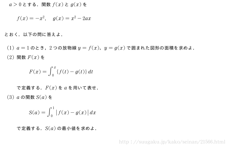 a＞0とする．関数f(x)とg(x)をf(x)=-x^2,g(x)=x^2-2axとおく．以下の問に答えよ．(1)a=1のとき，2つの放物線y=f(x)，y=g(x)で囲まれた図形の面積を求めよ．(2)関数F(x)をF(x)=∫_0^x{f(t)-g(t)}dtで定義する．F(x)をaを用いて表せ．(3)aの関数S(a)をS(a)=∫_0^1|f(x)-g(x)|dxで定義する．S(a)の最小値を求めよ．