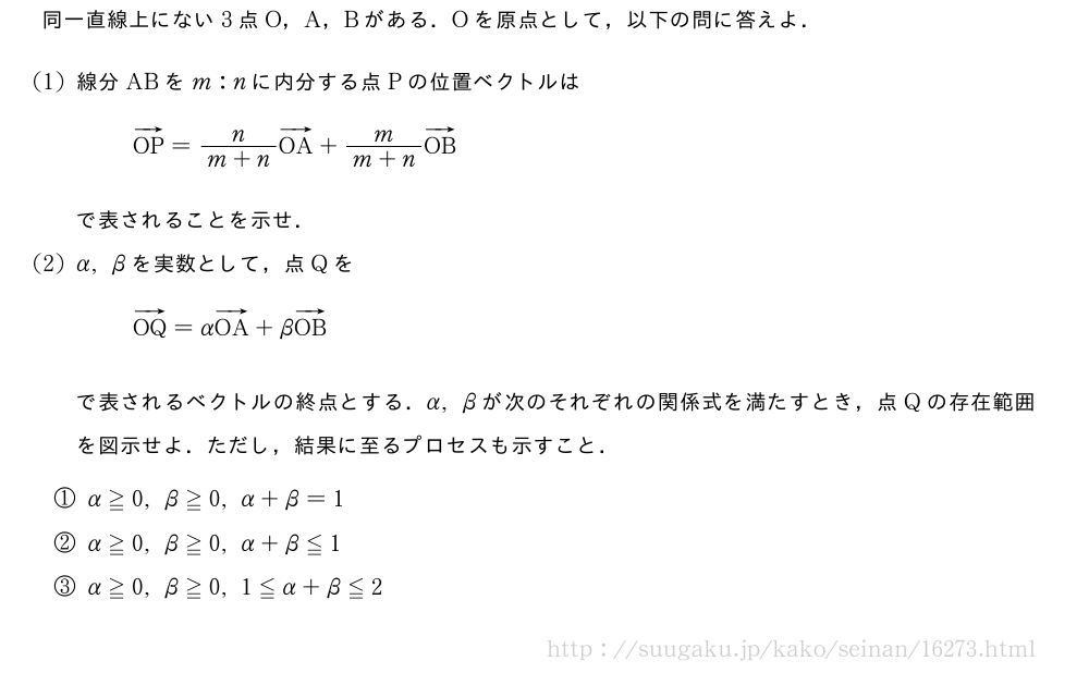 同一直線上にない3点O，A，Bがある．Oを原点として，以下の問に答えよ．(1)線分ABをm:nに内分する点Pの位置ベクトルはベクトルOP=\frac{n}{m+n}ベクトルOA+\frac{m}{m+n}ベクトルOBで表されることを示せ．(2)α,βを実数として，点QをベクトルOQ=αベクトルOA+βベクトルOBで表されるベクトルの終点とする．α,βが次のそれぞれの関係式を満たすとき，点Qの存在範囲を図示せよ．ただし，結果に至るプロセスも示すこと．\mon[①]α≧0,β≧0,α+β=1\mon[②]α≧0,β≧0,α+β≦1\mon[③]α≧0,β≧0,1≦α+β≦2