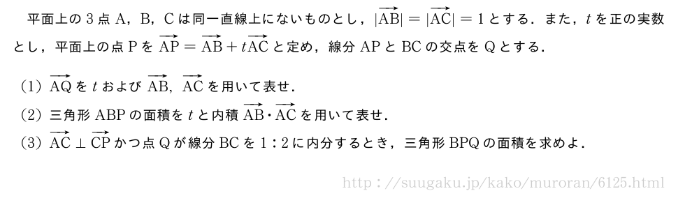 平面上の3点A，B，Cは同一直線上にないものとし，|ベクトルAB|=|ベクトルAC|=1とする．また，tを正の実数とし，平面上の点PをベクトルAP=ベクトルAB+tベクトルACと定め，線分APとBCの交点をQとする．(1)ベクトルAQをtおよびベクトルAB,ベクトルACを用いて表せ．(2)三角形ABPの面積をtと内積ベクトルAB・ベクトルACを用いて表せ．(3)ベクトルAC⊥ベクトルCPかつ点Qが線分BCを1:2に内分するとき，三角形BPQの面積を求めよ．