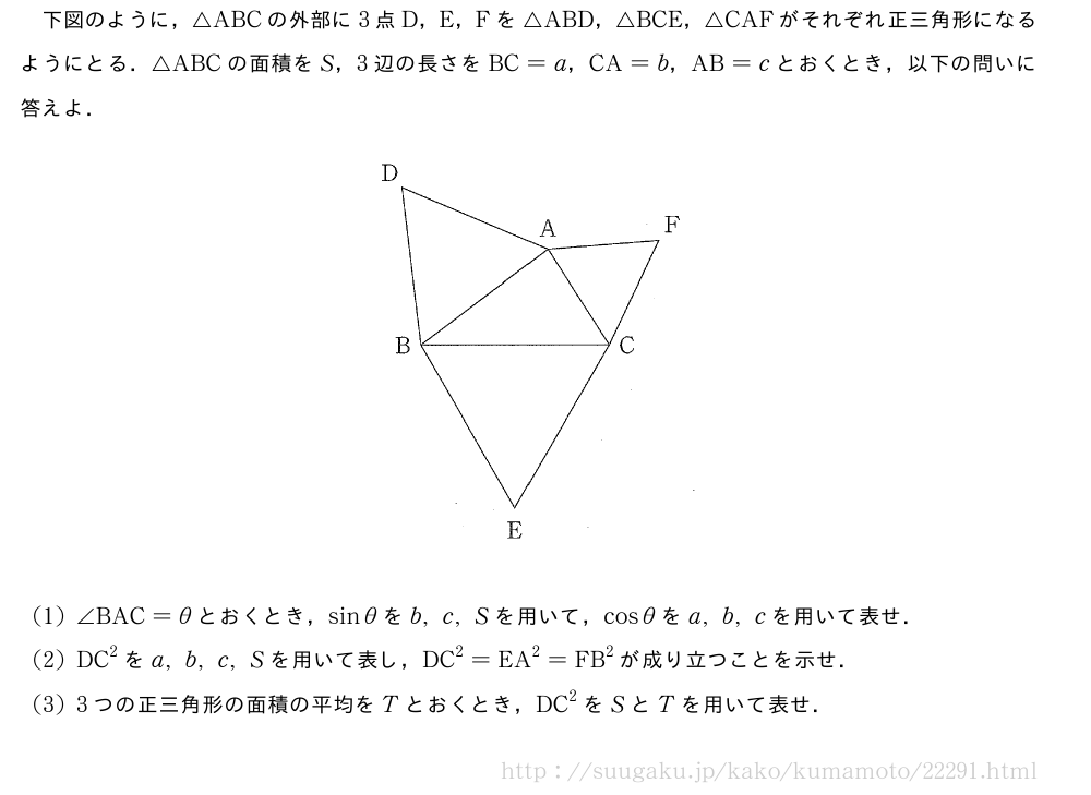 下図のように，△ABCの外部に3点D，E，Fを△ABD，△BCE，△CAFがそれぞれ正三角形になるようにとる．△ABCの面積をS，3辺の長さをBC=a，CA=b，AB=cとおくとき，以下の問いに答えよ．（プレビューでは図は省略します）(1)∠BAC=θとおくとき，sinθをb,c,Sを用いて，cosθをa,b,cを用いて表せ．(2)DC^2をa,b,c,Sを用いて表し，DC^2=EA^2=FB^2が成り立つことを示せ．(3)3つの正三角形の面積の平均をTとおくとき，DC^2をSとTを用いて表せ．